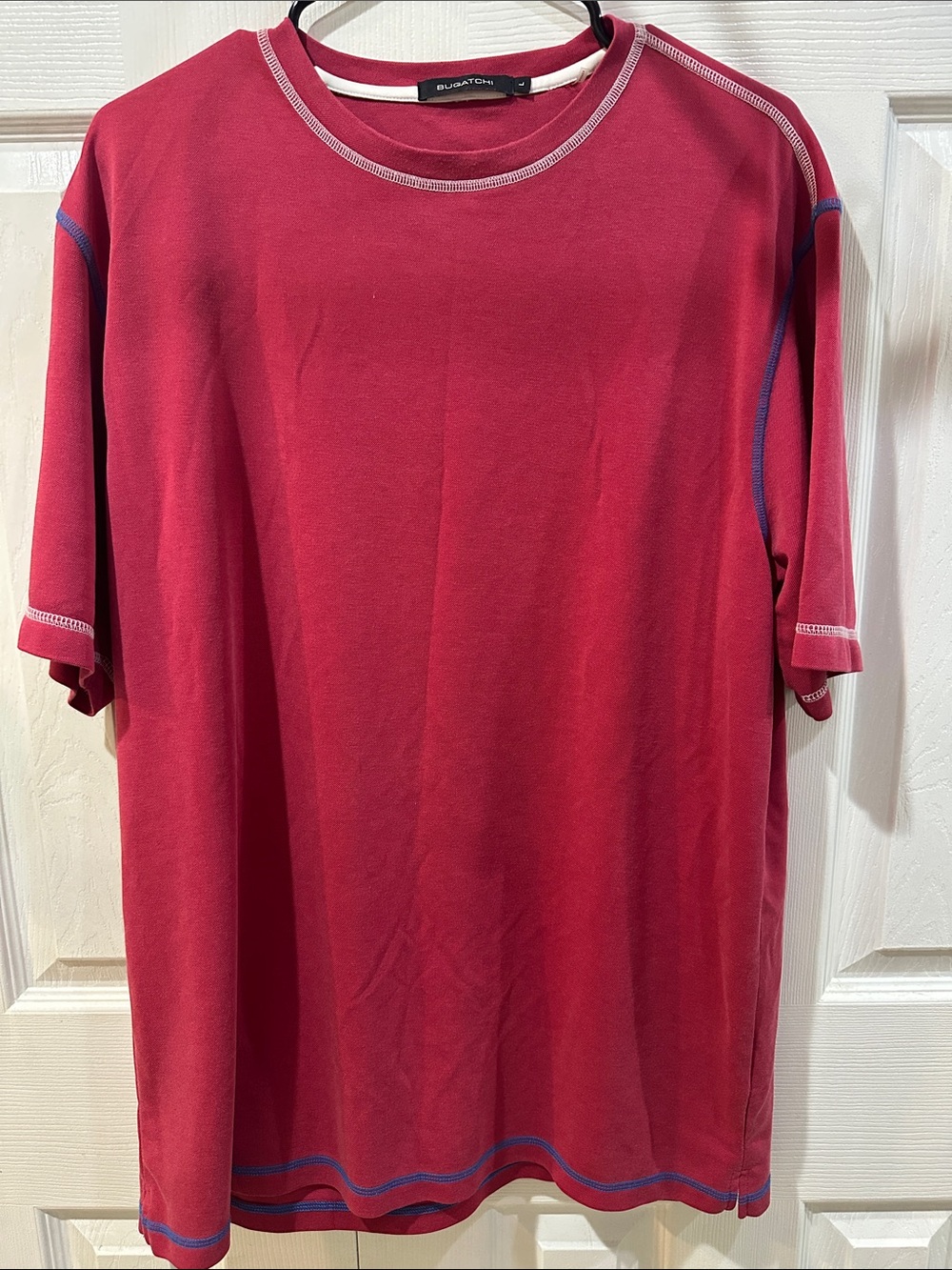 Bugatchi Mens Size Large Knit Short Sleeve T-Shirt Red with colored stitching